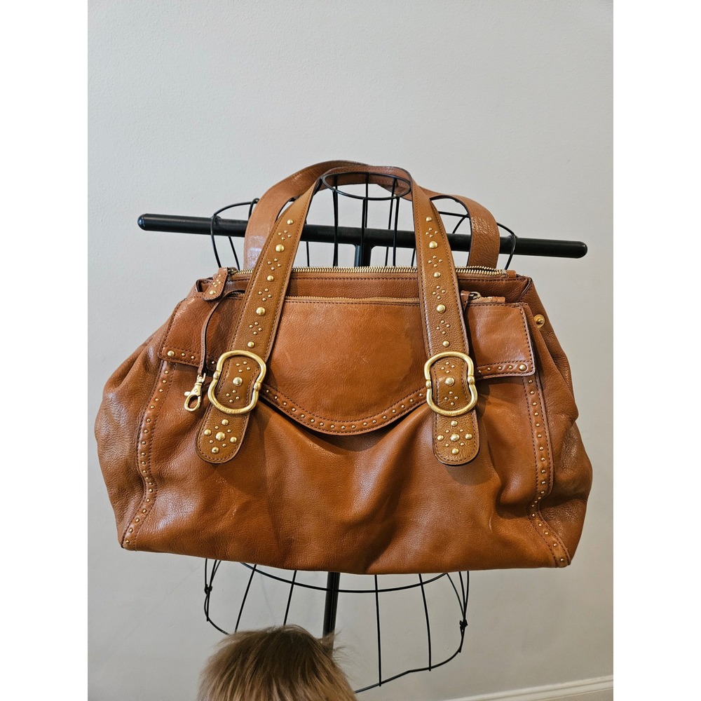 Michael Kors Brown Leather Studded Shoulder Bag Satchel Gold Large - Picture 2 of 12